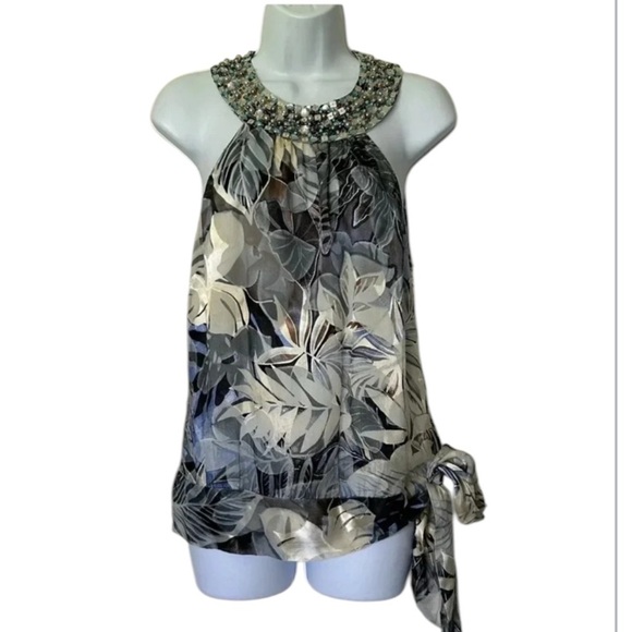 Cache vintage silk halter top beaded palm print excellent Size 8 - Picture 2 of 10